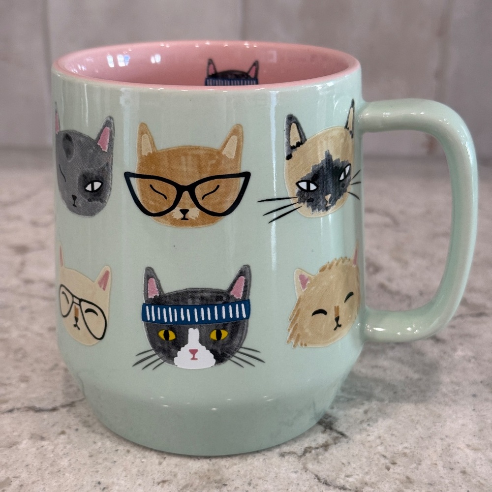 Cat Kitty Feline Coffee Mug Many Faces Mint Pink Painted Danica Jubilee NEW